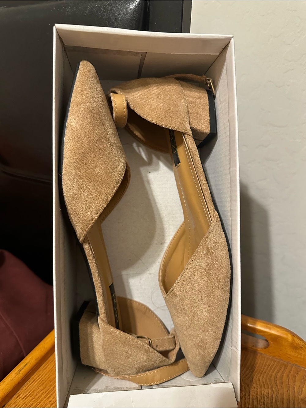 Women's Tan Suede D'Orsay Pointed Toe Flats with Ankle Strap
